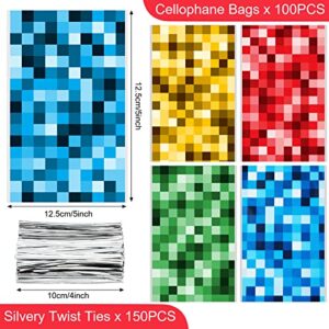 100 Pieces Pixel Mine Party Favors Bags Red Yellow Blue Green Pixel Candy Bags Cellophane Bags for Party Supplies, Goodie Bags Treat Bags with 150 Pcs Silver Twist Ties for Pixel Themed Birthday Party