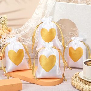 50 Pcs Heart Satin Gift Bags with Drawstring 4 x 6 Inch White Satin Gift Bags Jewelry Pouches Candy Party Decor Bags for Wedding Baby Shower DIY Craft Soap Makeup