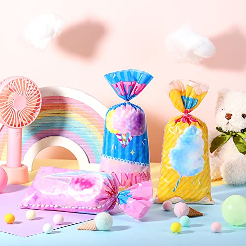 Karenhi 100 Pcs Cotton Candy Bags with Ties Cotton Candy Cones Treat Bags Snacks Bags Set Cotton Candy Supplies for Circus Carnival Birthday Party Favor