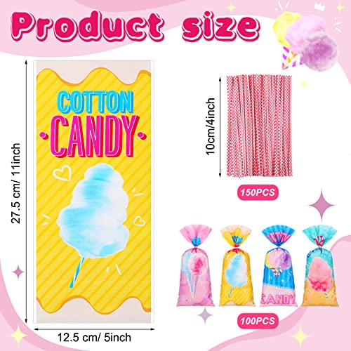 Karenhi 100 Pcs Cotton Candy Bags with Ties Cotton Candy Cones Treat Bags Snacks Bags Set Cotton Candy Supplies for Circus Carnival Birthday Party Favor