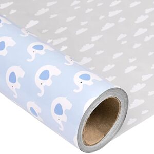 lezakaa reversible baby shower wrapping paper – jumbo roll – elephant in blue & cloud in gray for baby boy – 24 inches x 100 feet (200 sq.ft.)
