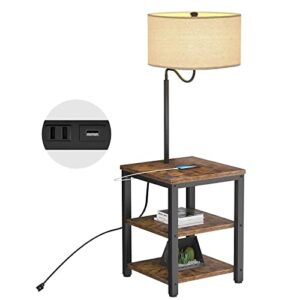 antlux led floor lamp with end table – usb charging port, power outlet, bedside table with shelves, rustic night stand with industrial floor light for living room, bedroom, guest room, edison bulb