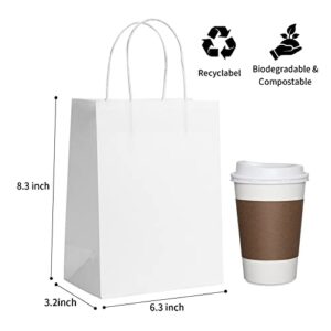 COGLARING Kraft Paper Gift Bags 6.3x3.2x8.3 100pcs White Thickened 120g w/Handles Bulk Wedding Birthday Party Favor Bags Retail Shopping Bag Craft Takeouts Business Bags