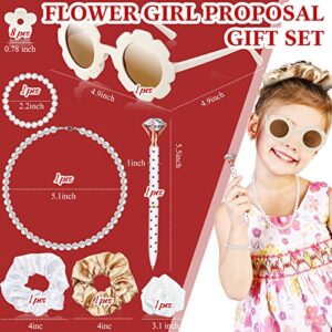 16 Pcs Flower Girl Proposal Box Kit Flower Girl Gifts Flower Girl Box Round Glasses Necklace Pearl Bracelet Diamond Pen Hair Scrunchies Rose Will You Be My Flower Girl for Wedding (Classic Color)