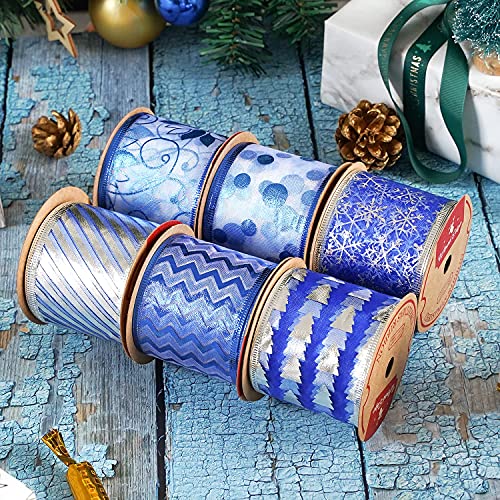 MEEDEE Christmas Ribbon 2.5 Inch 6 Rolls 36 Yards Royal Blue Wired Ribbon Bulk Silver Blue Christmas Tree Decoration Ribbon Perfect for Gift Wrapping Tree Garland Topper Swag Wreath Bow Lantern Decor