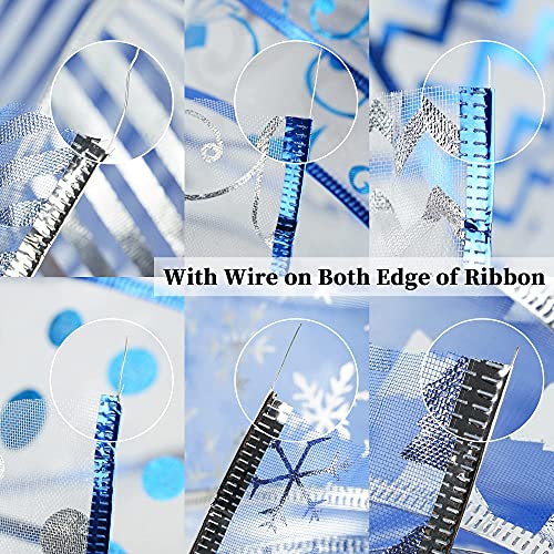 MEEDEE Christmas Ribbon 2.5 Inch 6 Rolls 36 Yards Royal Blue Wired Ribbon Bulk Silver Blue Christmas Tree Decoration Ribbon Perfect for Gift Wrapping Tree Garland Topper Swag Wreath Bow Lantern Decor