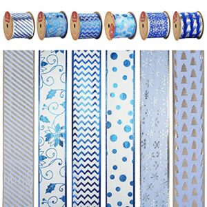 MEEDEE Christmas Ribbon 2.5 Inch 6 Rolls 36 Yards Royal Blue Wired Ribbon Bulk Silver Blue Christmas Tree Decoration Ribbon Perfect for Gift Wrapping Tree Garland Topper Swag Wreath Bow Lantern Decor