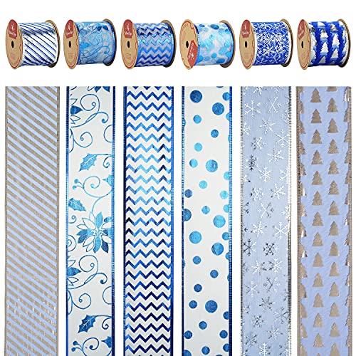 MEEDEE Christmas Ribbon 2.5 Inch 6 Rolls 36 Yards Royal Blue Wired Ribbon Bulk Silver Blue Christmas Tree Decoration Ribbon Perfect for Gift Wrapping Tree Garland Topper Swag Wreath Bow Lantern Decor