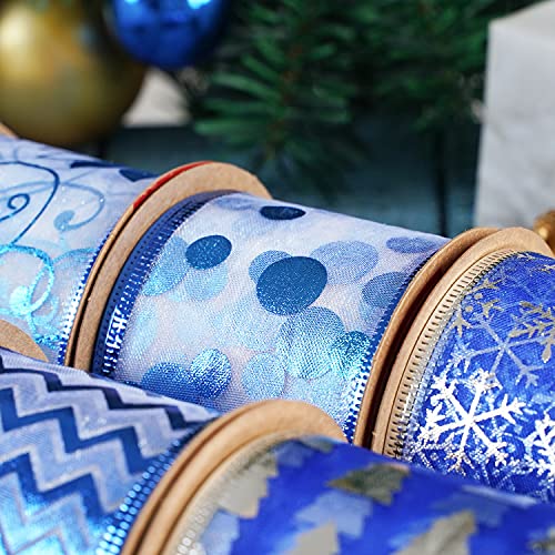 MEEDEE Christmas Ribbon 2.5 Inch 6 Rolls 36 Yards Royal Blue Wired Ribbon Bulk Silver Blue Christmas Tree Decoration Ribbon Perfect for Gift Wrapping Tree Garland Topper Swag Wreath Bow Lantern Decor