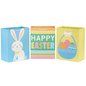 hallmark 11″ large easter gift bags (3-pack: easter basket, bunny, “happy easter” stripes) in yellow, blue, green
