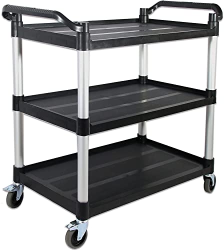 FIHUTED Service Cart with Wheels Lockable Large Size, Plastic Restaurant Cart Heavy Duty, Utility Commercial Cart for Office, Warehouse, Foodservice,40.1" L x 19.2" W x 38.5" H. Black (Large)