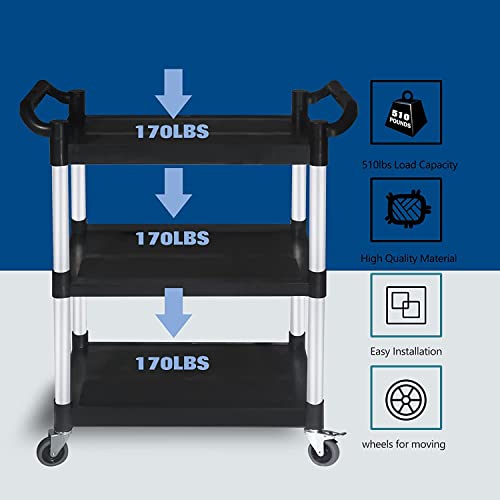 FIHUTED Service Cart with Wheels Lockable Large Size, Plastic Restaurant Cart Heavy Duty, Utility Commercial Cart for Office, Warehouse, Foodservice,40.1" L x 19.2" W x 38.5" H. Black (Large)