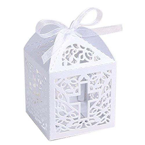 KAZIPA 50PCS Baptism Favor Boxes, 2.2''x2.2''x2.2''Laser Cut Favor Boxes with 50 Ribbons for Baby Shower Favors Baptism Decorations First Birthday Party (White)