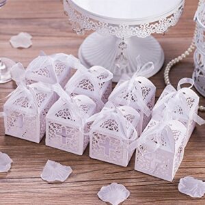 KAZIPA 50PCS Baptism Favor Boxes, 2.2''x2.2''x2.2''Laser Cut Favor Boxes with 50 Ribbons for Baby Shower Favors Baptism Decorations First Birthday Party (White)