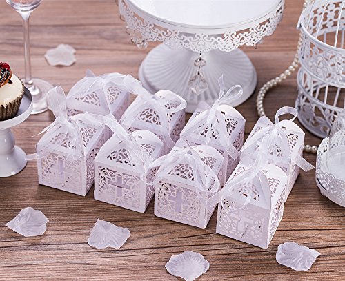 KAZIPA 50PCS Baptism Favor Boxes, 2.2''x2.2''x2.2''Laser Cut Favor Boxes with 50 Ribbons for Baby Shower Favors Baptism Decorations First Birthday Party (White)