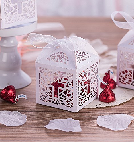 KAZIPA 50PCS Baptism Favor Boxes, 2.2''x2.2''x2.2''Laser Cut Favor Boxes with 50 Ribbons for Baby Shower Favors Baptism Decorations First Birthday Party (White)