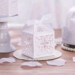 KAZIPA 50PCS Baptism Favor Boxes, 2.2''x2.2''x2.2''Laser Cut Favor Boxes with 50 Ribbons for Baby Shower Favors Baptism Decorations First Birthday Party (White)