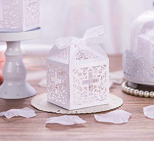 KAZIPA 50PCS Baptism Favor Boxes, 2.2''x2.2''x2.2''Laser Cut Favor Boxes with 50 Ribbons for Baby Shower Favors Baptism Decorations First Birthday Party (White)