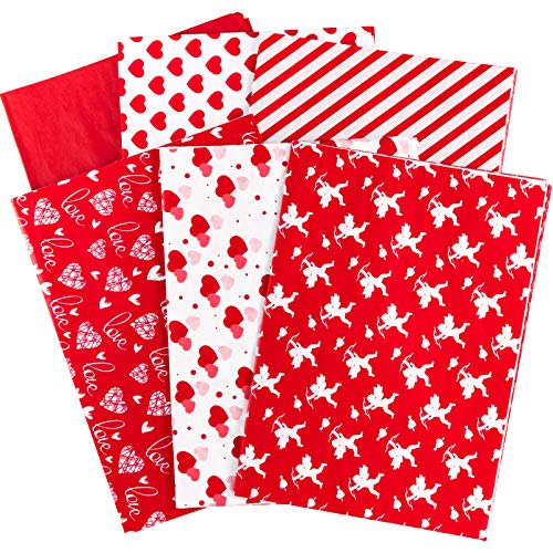 Whaline Valentine's Day Tissue Paper 90 Sheet Assorted Love Heart Pattern Gift Wrapping Paper 6 Design Red Decorative Art Paper for DIY Crafts Birthday Wedding Baby Shower Gifts Packing Decoration