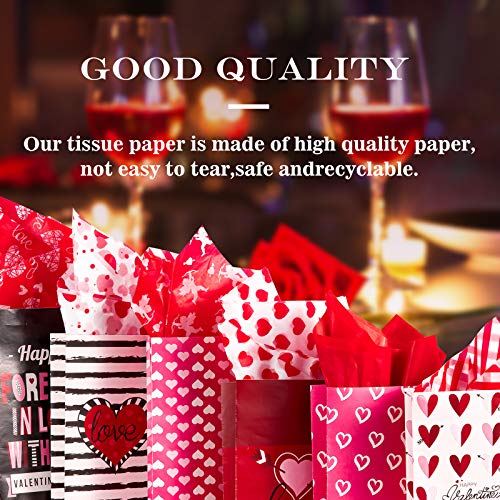 Whaline Valentine's Day Tissue Paper 90 Sheet Assorted Love Heart Pattern Gift Wrapping Paper 6 Design Red Decorative Art Paper for DIY Crafts Birthday Wedding Baby Shower Gifts Packing Decoration