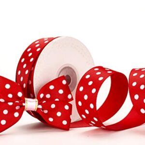 ATRibbons 25 Yards 1 Inch Wide Dot Printed Grosgrain Ribbons,Color Grosgrain Ribbons with White Dots for Hair Bows Gift Wrapping and Craft (Red)