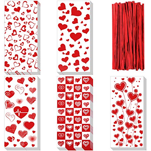 Zonon 125 Pieces Valentine Candy Bags Valentine Cellophane Bags Valentines Favor Treat Goodies Bags with 200 Pieces Twist Ties for Valentine Party Supplies