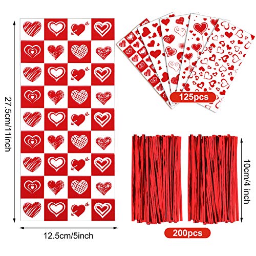 Zonon 125 Pieces Valentine Candy Bags Valentine Cellophane Bags Valentines Favor Treat Goodies Bags with 200 Pieces Twist Ties for Valentine Party Supplies