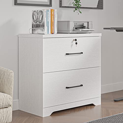 2 Drawer Wood Lateral File Cabinet with Lock, Home Office Storage Filing Cabinet with Anti-Tilt Mechanism with 8 Hanging Bars for Letter/Legal Size Heightened Drawer Side (White)