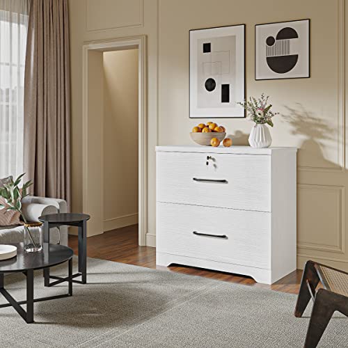 2 Drawer Wood Lateral File Cabinet with Lock, Home Office Storage Filing Cabinet with Anti-Tilt Mechanism with 8 Hanging Bars for Letter/Legal Size Heightened Drawer Side (White)