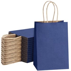 shopday navy blue paper gift bgas, small kraft paper bags with handles bulk 5.25×3.75×8 100 pack, recyclable craft bags for handwork, shopping bags, party favor bags, birthday goody bags, retail bags for merchandise