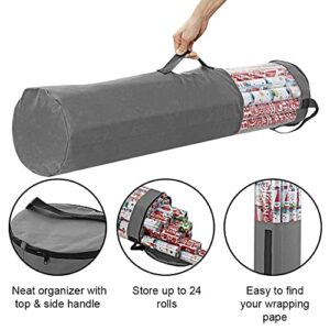 ProPik Gift Wrapping Paper Storage Organizer Bag, Store Up To 25 Rolls 40 Inch, Heavy Duty Polyester plus PVC Clear Bag With Handles And Zippered Top For Holiday Gift Wrap And Ribbons (Grey)