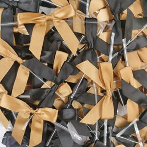 100 Pack Twist Tie Bow, Pre-Tied Bows,Christmas Satin Twist Tie Bows for Treat Bags,Packaging Bows for Candies and Apples, Pretied Ribbon Bows for DIY Decorations,Treat Bows (Black&Gold)