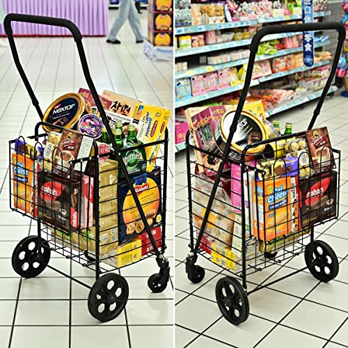 siffler Shopping Cart with 360° Rolling Swivel Wheels for Groceries Utility Shopping Cart with Double Basket Folding Portable Cart Saves Space with Adjustable Handle Height for Grocery Laundry Luggage