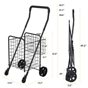 siffler Shopping Cart with 360° Rolling Swivel Wheels for Groceries Utility Shopping Cart with Double Basket Folding Portable Cart Saves Space with Adjustable Handle Height for Grocery Laundry Luggage