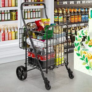 siffler Shopping Cart with 360° Rolling Swivel Wheels for Groceries Utility Shopping Cart with Double Basket Folding Portable Cart Saves Space with Adjustable Handle Height for Grocery Laundry Luggage