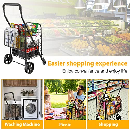 siffler Shopping Cart with 360° Rolling Swivel Wheels for Groceries Utility Shopping Cart with Double Basket Folding Portable Cart Saves Space with Adjustable Handle Height for Grocery Laundry Luggage