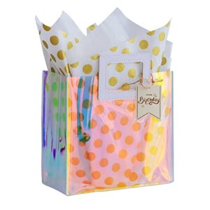 vuojur 8.3” holographic reusable small gift bag with tissue paper and happy birthday gift tag for women girls mother birthday bag