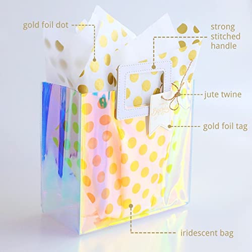 VUOJUR 8.3'' Holographic Reusable Small Gift Bag with Tissue Paper and Happy Birthday Gift Tag for Women Girls Mother Birthday Bag