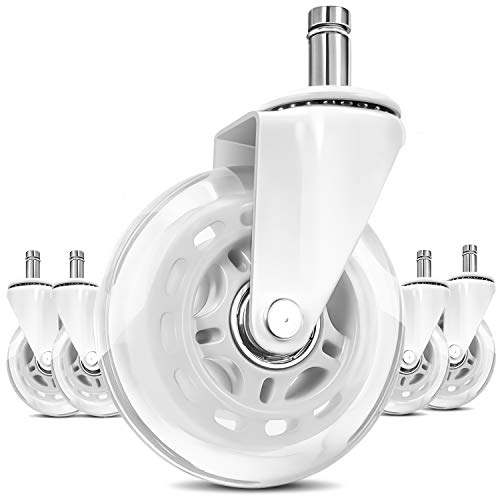 Office Chair Wheels Replacement,(Set of 5) 3'' Rollerblade Wheels Smooth Rolling Heavy Duty Casters Safe for All Floors Including Hardwood - Universal Stem 7/16 Inch, White