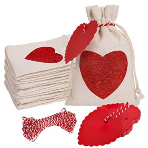 whaline 20 pack valentine’s day burlap gift bag glitter red heart drawstring bag with tag and cotton rope rustic linen pouches sacks for valentines party favors wedding bridal shower supplies