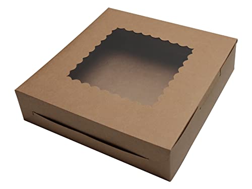 PQZKLDP 10Packs 10x10x2.5 Inches Brown Kraft Cake Boxes with Window, Gift Packing, Bakery Boxes, Dessert, Pastry, Cupcake, Pie Cookies, With Stickers,66 FT Twine(Brown, 10 * 10 * 2.5 Inch)