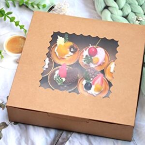 PQZKLDP 10Packs 10x10x2.5 Inches Brown Kraft Cake Boxes with Window, Gift Packing, Bakery Boxes, Dessert, Pastry, Cupcake, Pie Cookies, With Stickers,66 FT Twine(Brown, 10 * 10 * 2.5 Inch)