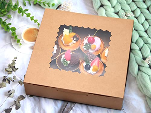 PQZKLDP 10Packs 10x10x2.5 Inches Brown Kraft Cake Boxes with Window, Gift Packing, Bakery Boxes, Dessert, Pastry, Cupcake, Pie Cookies, With Stickers,66 FT Twine(Brown, 10 * 10 * 2.5 Inch)