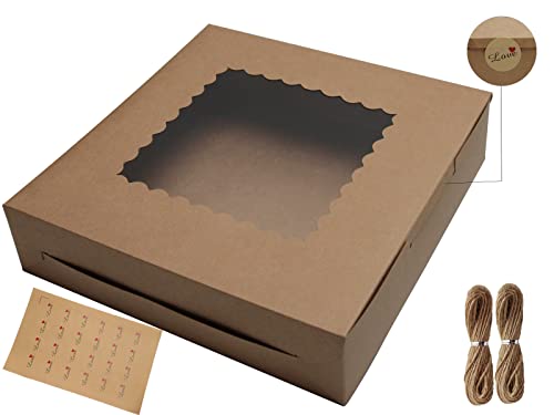 PQZKLDP 10Packs 10x10x2.5 Inches Brown Kraft Cake Boxes with Window, Gift Packing, Bakery Boxes, Dessert, Pastry, Cupcake, Pie Cookies, With Stickers,66 FT Twine(Brown, 10 * 10 * 2.5 Inch)