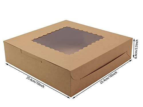 PQZKLDP 10Packs 10x10x2.5 Inches Brown Kraft Cake Boxes with Window, Gift Packing, Bakery Boxes, Dessert, Pastry, Cupcake, Pie Cookies, With Stickers,66 FT Twine(Brown, 10 * 10 * 2.5 Inch)