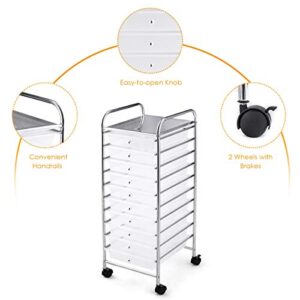 RELAX4LIFE Storage Cart W/10 Drawers,Rolling Wheels Semi-Transparent Multipurpose Mobile Rolling Drawer Cart for School, Office, Home, Beauty Salon Files Arrangement Storage Organizer Cart (Clear)