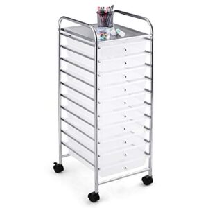 relax4life storage cart w/10 drawers,rolling wheels semi-transparent multipurpose mobile rolling drawer cart for school, office, home, beauty salon files arrangement storage organizer cart (clear)