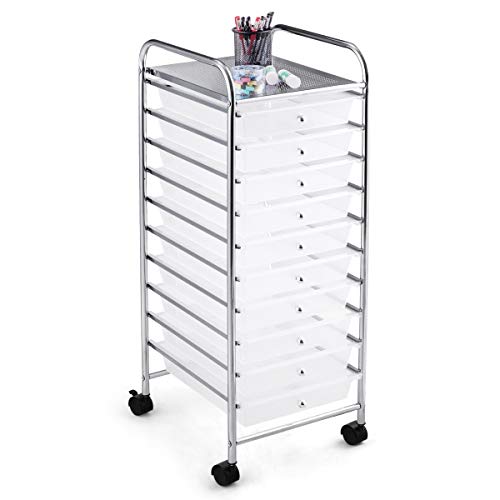 RELAX4LIFE Storage Cart W/10 Drawers,Rolling Wheels Semi-Transparent Multipurpose Mobile Rolling Drawer Cart for School, Office, Home, Beauty Salon Files Arrangement Storage Organizer Cart (Clear)