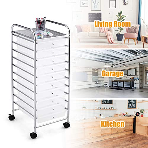 RELAX4LIFE Storage Cart W/10 Drawers,Rolling Wheels Semi-Transparent Multipurpose Mobile Rolling Drawer Cart for School, Office, Home, Beauty Salon Files Arrangement Storage Organizer Cart (Clear)