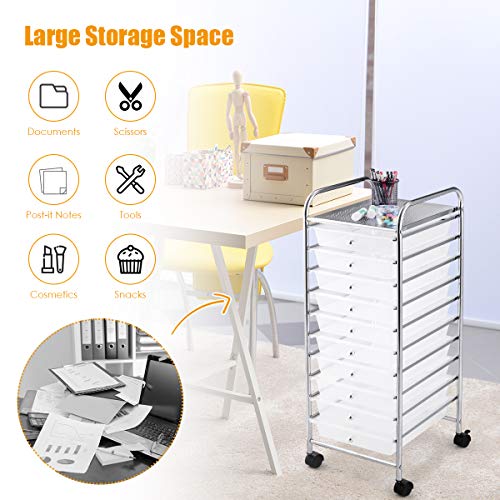 RELAX4LIFE Storage Cart W/10 Drawers,Rolling Wheels Semi-Transparent Multipurpose Mobile Rolling Drawer Cart for School, Office, Home, Beauty Salon Files Arrangement Storage Organizer Cart (Clear)